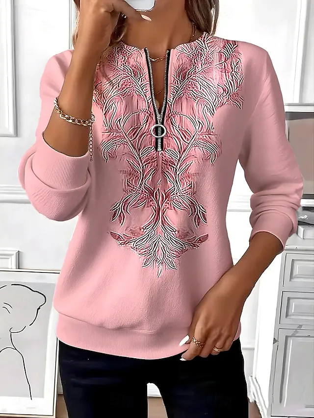 Women's Pullover Sweatshirt Zip Up Sweatshirts Zipper Print Floral Graphic Paisley Fashion Casual Long Sleeve Crew Neck Regular Tops