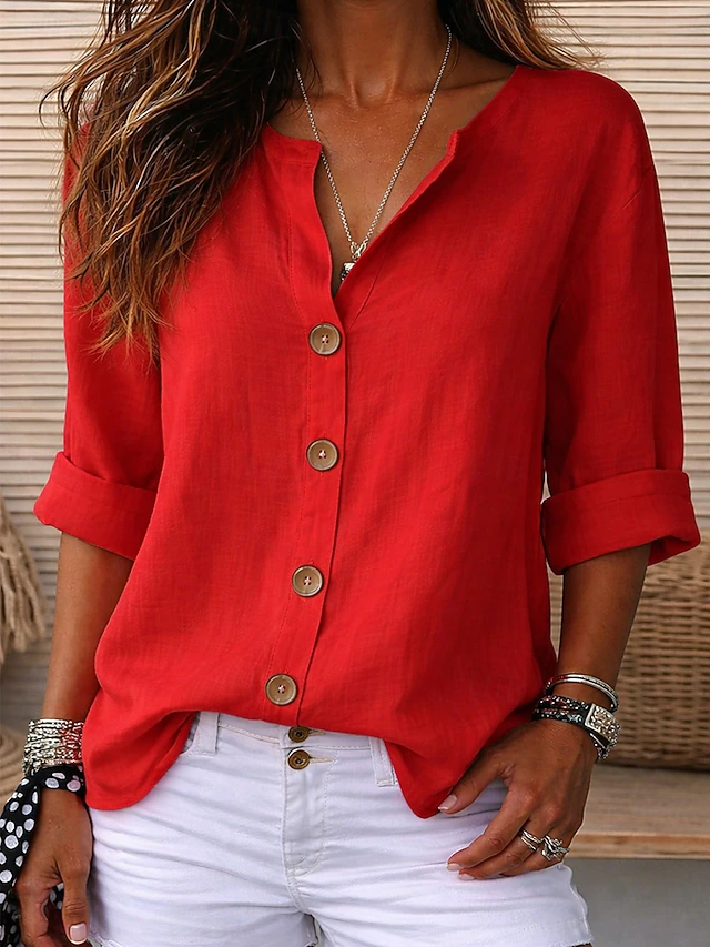￼ Women's Linen Shirts Blouse Buttons Solid Color Daily Casual Long Sleeve V Neck Regular Tops Daily Black White Red Orange Green Summer Spring Fall