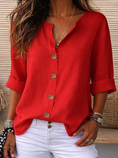 ￼ Women's Linen Shirts Blouse Buttons Solid Color Daily Casual Long Sleeve V Neck Regular Tops Daily Black White Red Orange Green Summer Spring Fall