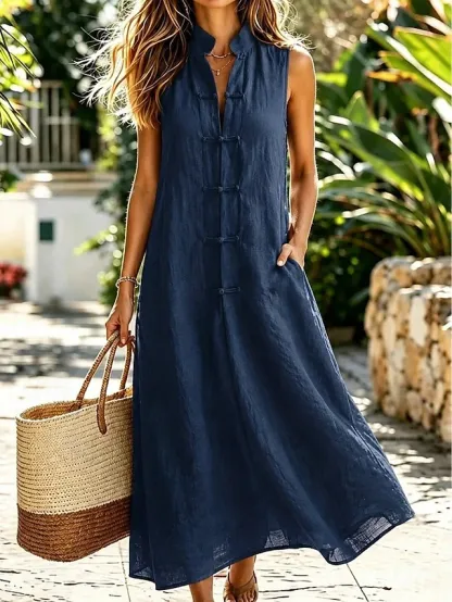 Women's Midi Dress Shift Dress Sundress White Dress A Line Dress Vacation Casual Boho Daily Holiday Summer Dress Plain Sleeveless Mandarin Collar Blue White Navy Pink Summer Fall