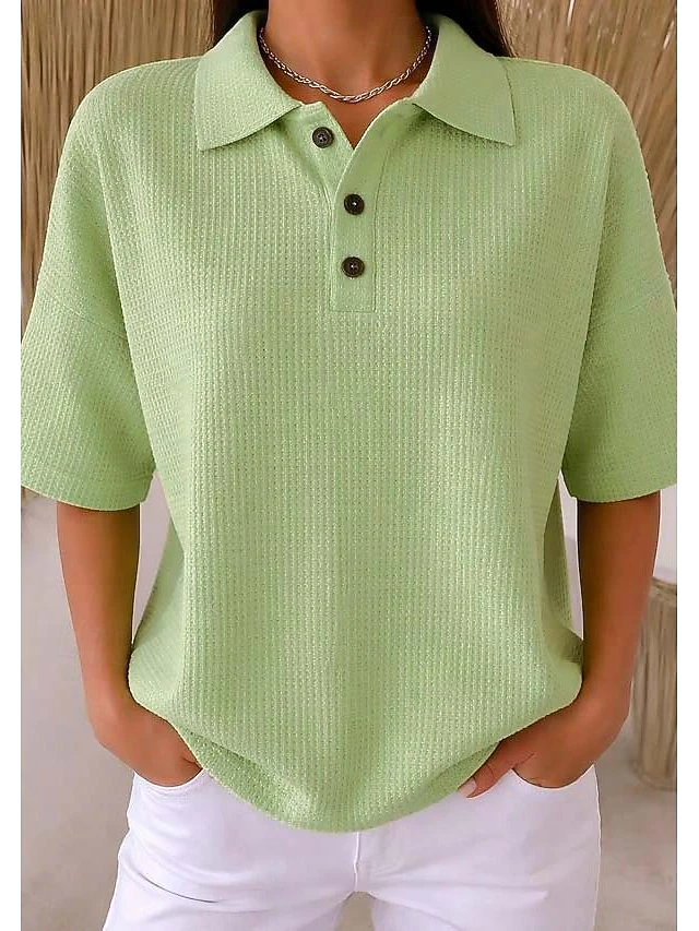 Women's Waffle Shirt Solid Color Elegant Active Vacation Half Sleeve V Neck Long Tops Daily Outdoor Streetwear