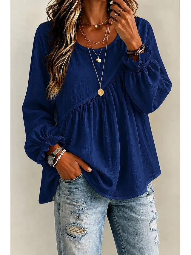 Women's White Boho Blouse Round Neck Long Sleeve Ruffle Trim Peplum Tunic Shirt