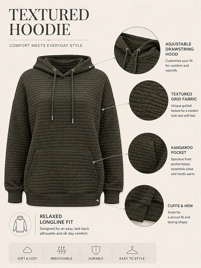 Women's Waffle Hoodies Pullover Hoodie Sweatshirt Pocket Fashion Casual Long Sleeve Hooded Regular Tops