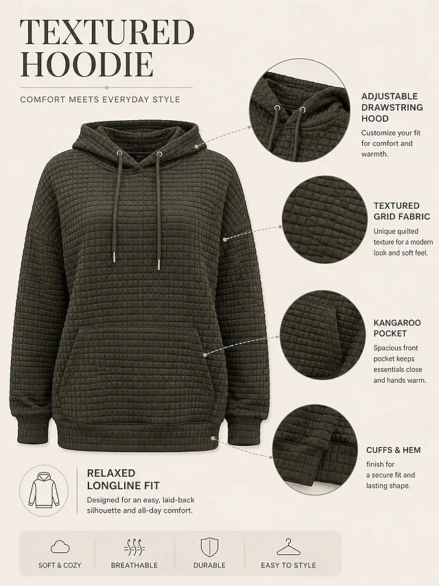 Women's Waffle Hoodies Pullover Hoodie Sweatshirt Pocket Fashion Casual Long Sleeve Hooded Regular Tops