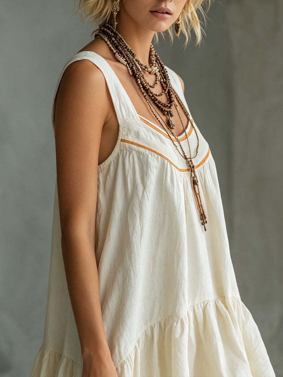 Women's Retro-casual Embossed Off-white Cotton-linen Mini Skirt