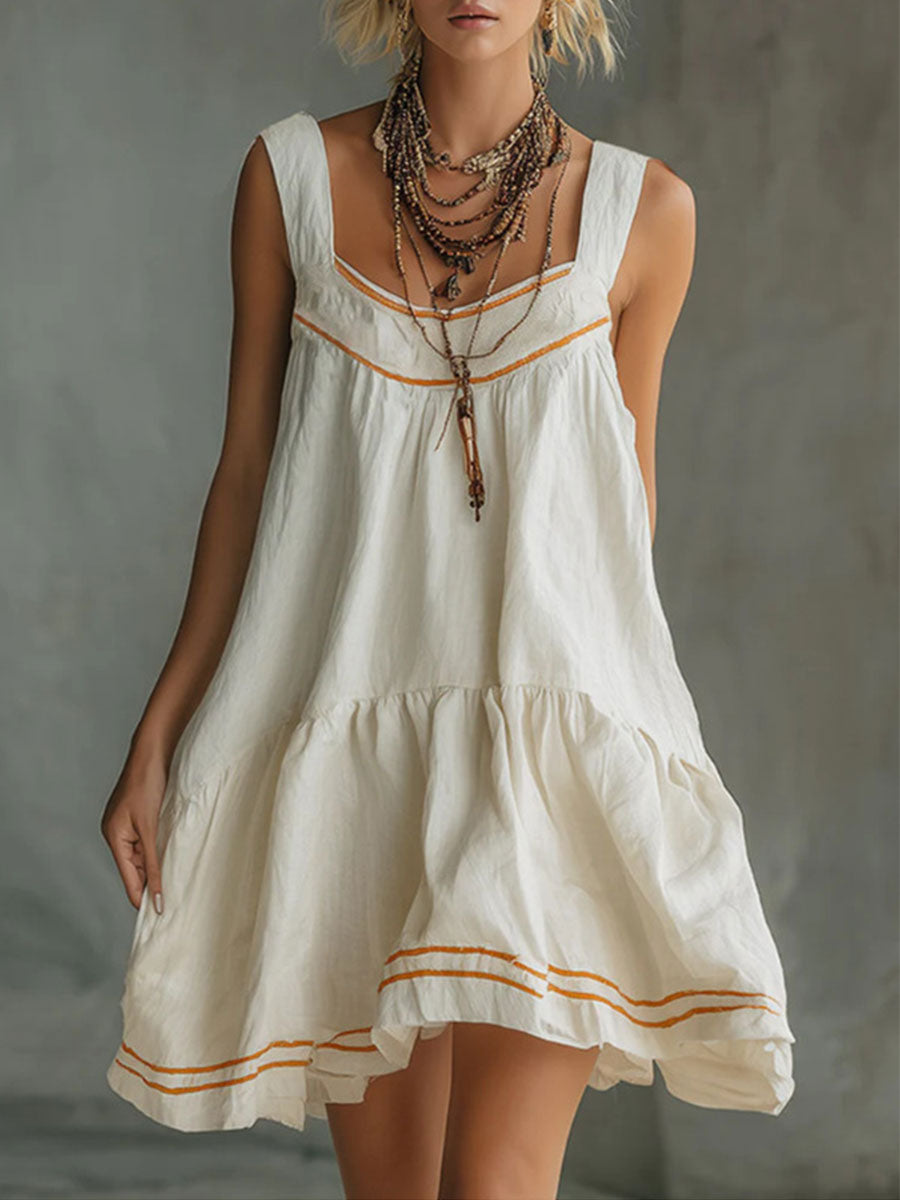 Women's Retro-casual Embossed Off-white Cotton-linen Mini Skirt