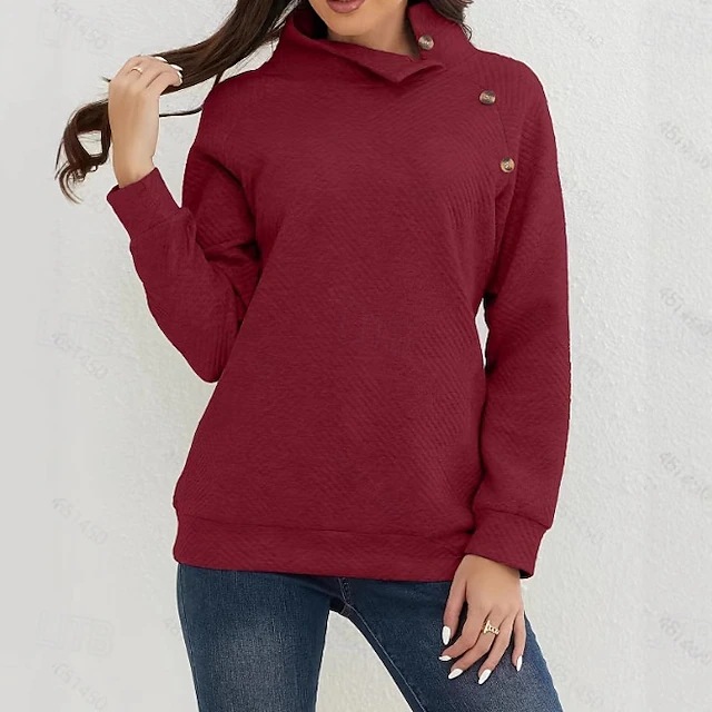 Women's Textured Pullover Sweatshirt Patchwork Buttons Vintage Long Sleeve High Neck Long Tops