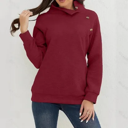 Women's Textured Pullover Sweatshirt Patchwork Buttons Vintage Long Sleeve High Neck Long Tops