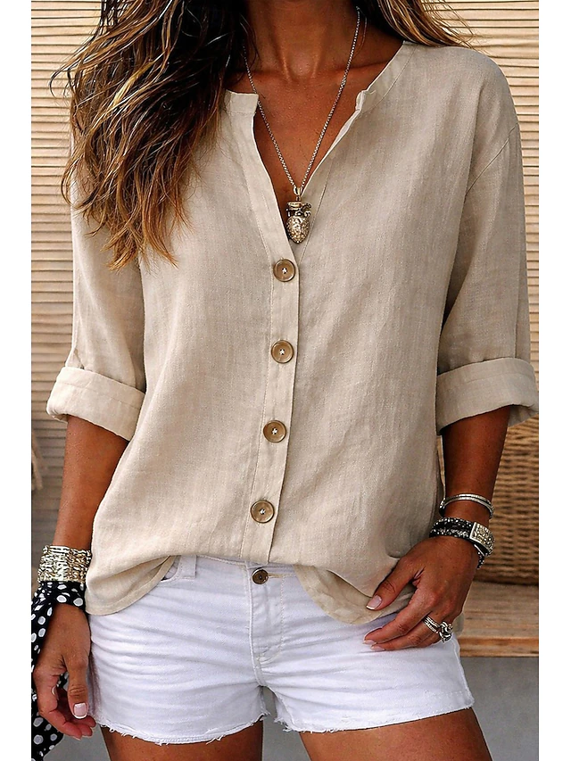 ￼ Women's Linen Shirts Blouse Buttons Solid Color Daily Casual Long Sleeve V Neck Regular Tops Daily Black White Red Orange Green Summer Spring Fall