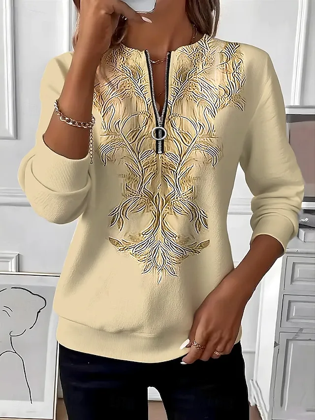 Women's Pullover Sweatshirt Zip Up Sweatshirts Zipper Print Floral Graphic Paisley Fashion Casual Long Sleeve Crew Neck Regular Tops