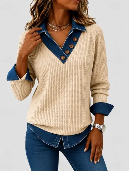 ￼Women's Waffle Polo Shirts Bohemia Active Vacation Long Sleeve