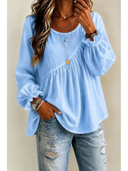 Women's White Boho Blouse Round Neck Long Sleeve Ruffle Trim Peplum Tunic Shirt