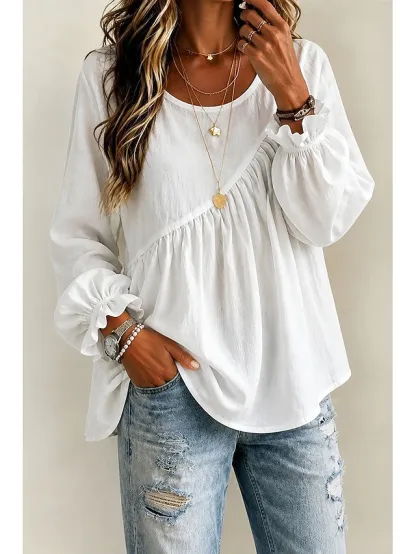 Women's White Boho Blouse Round Neck Long Sleeve Ruffle Trim Peplum Tunic Shirt