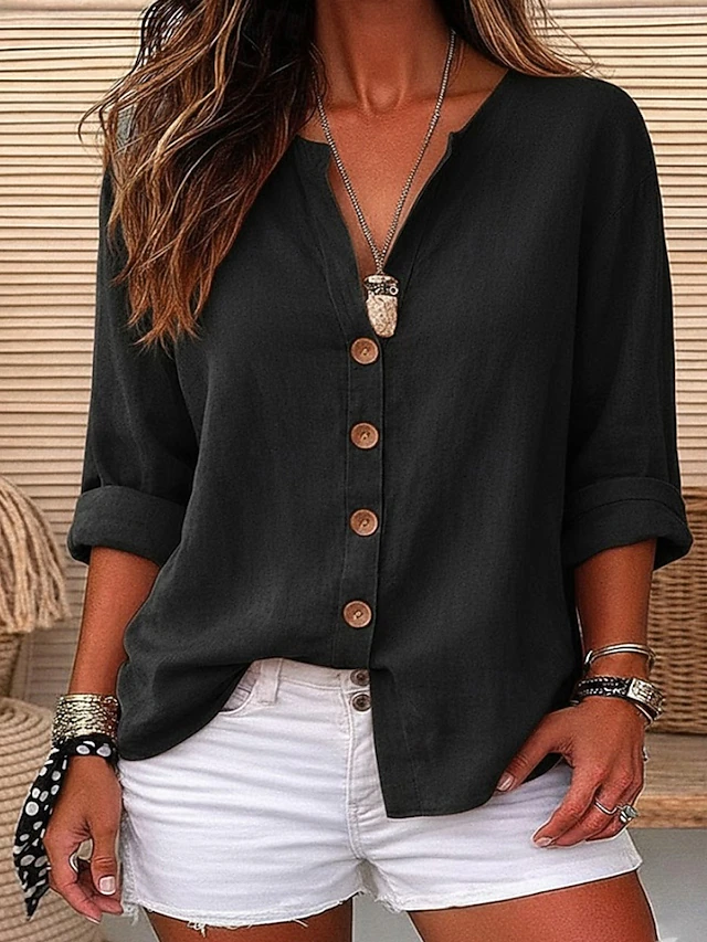 ￼ Women's Linen Shirts Blouse Buttons Solid Color Daily Casual Long Sleeve V Neck Regular Tops Daily Black White Red Orange Green Summer Spring Fall
