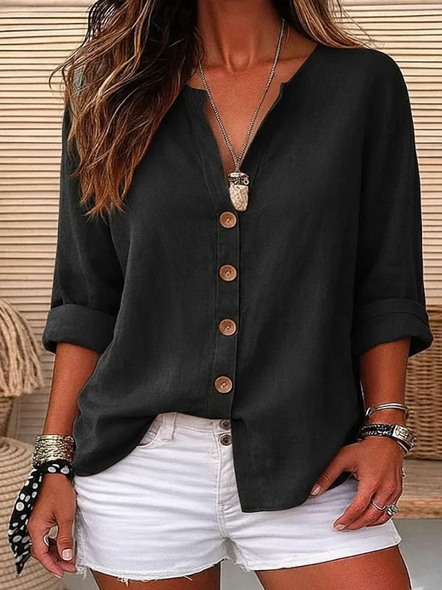 ￼ Women's Linen Shirts Blouse Buttons Solid Color Daily Casual Long Sleeve V Neck Regular Tops Daily Black White Red Orange Green Summer Spring Fall
