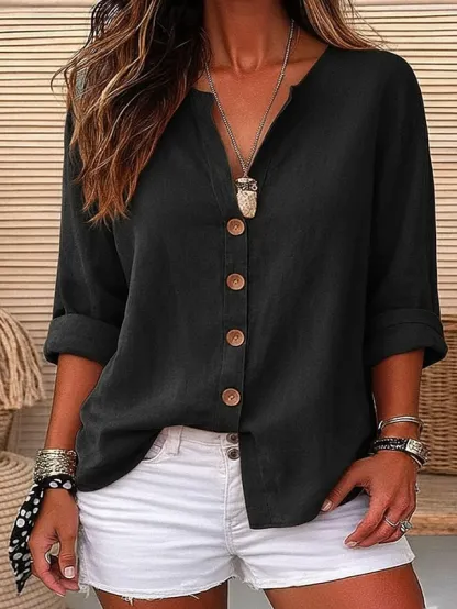 ￼ Women's Linen Shirts Blouse Buttons Solid Color Daily Casual Long Sleeve V Neck Regular Tops Daily Black White Red Orange Green Summer Spring Fall