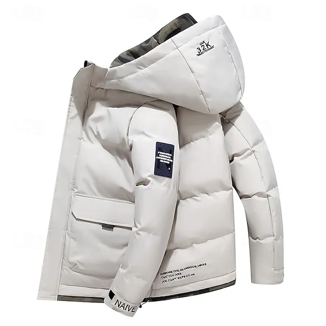Men's Winter Coat Puffer Jacket Quilted Jacket Padded Hooded Leisure Sports Going out Windproof Fall & Winter Solid / Plain Color Black Blue Khaki Puffer Jacket