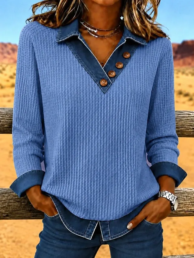 ￼Women's Waffle Polo Shirts Bohemia Active Vacation Long Sleeve