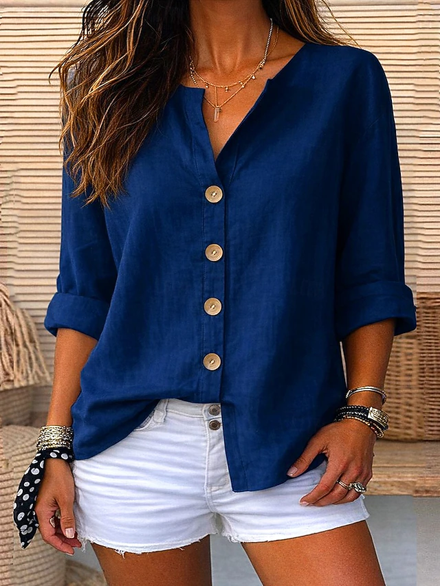 ￼ Women's Linen Shirts Blouse Buttons Solid Color Daily Casual Long Sleeve V Neck Regular Tops Daily Black White Red Orange Green Summer Spring Fall