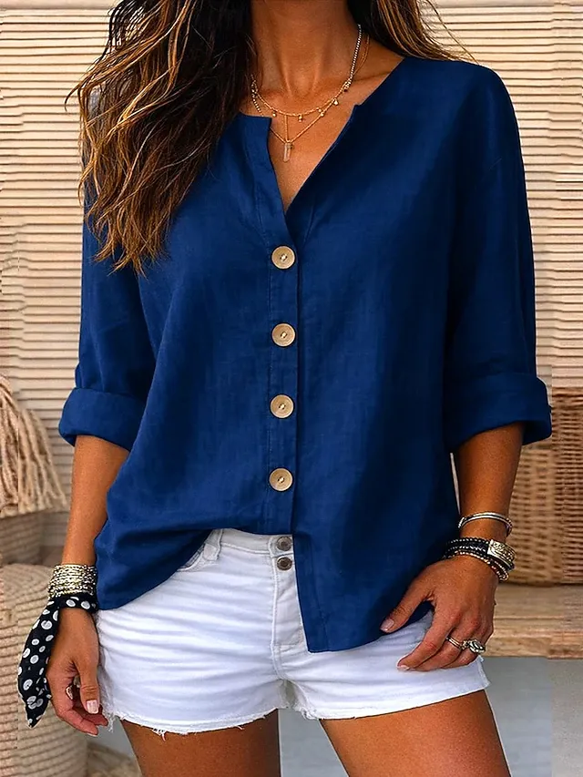 ￼ Women's Linen Shirts Blouse Buttons Solid Color Daily Casual Long Sleeve V Neck Regular Tops Daily Black White Red Orange Green Summer Spring Fall