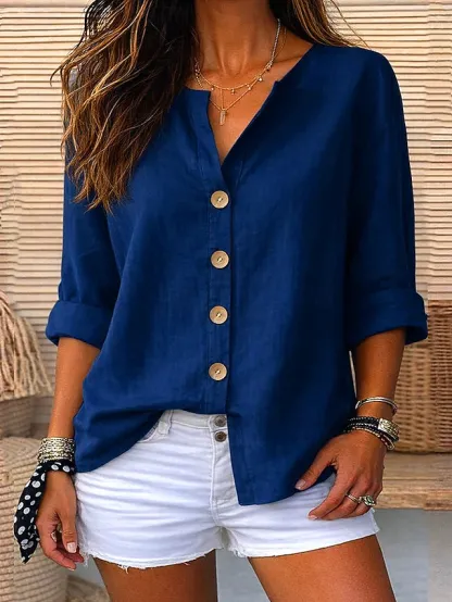 ￼ Women's Linen Shirts Blouse Buttons Solid Color Daily Casual Long Sleeve V Neck Regular Tops Daily Black White Red Orange Green Summer Spring Fall