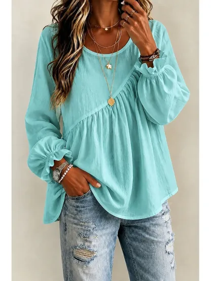 Women's White Boho Blouse Round Neck Long Sleeve Ruffle Trim Peplum Tunic Shirt