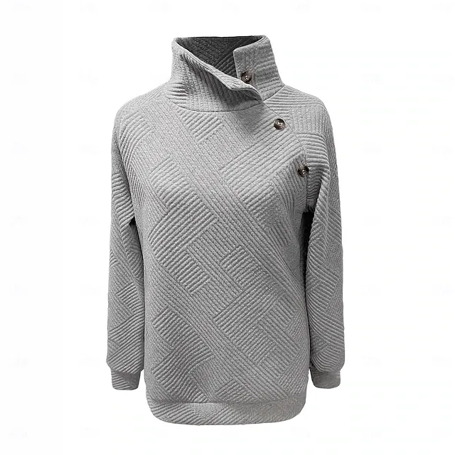Women's Textured Pullover Sweatshirt Patchwork Buttons Vintage Long Sleeve High Neck Long Tops