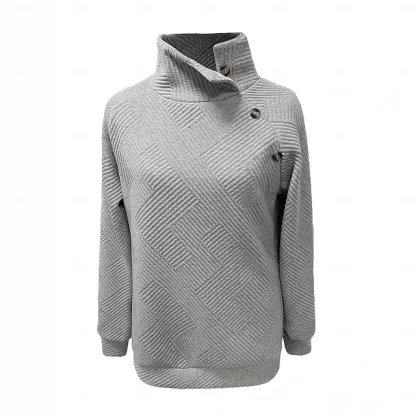 Women's Textured Pullover Sweatshirt Patchwork Buttons Vintage Long Sleeve High Neck Long Tops