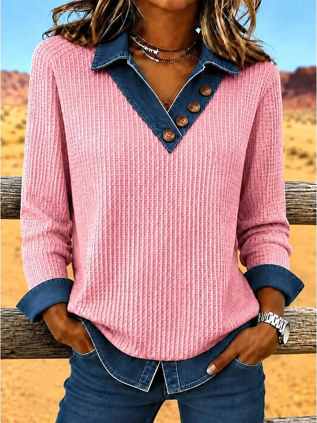 ￼Women's Waffle Polo Shirts Bohemia Active Vacation Long Sleeve