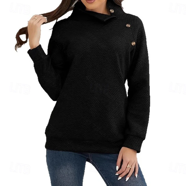 Women's Textured Pullover Sweatshirt Patchwork Buttons Vintage Long Sleeve High Neck Long Tops