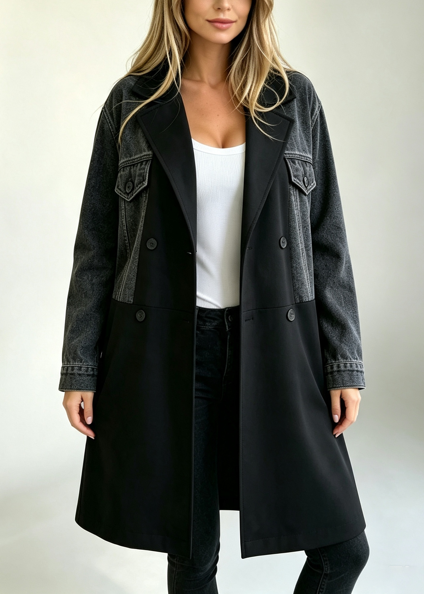 Women's Casual Chic Color Block Denim Patchwork Lapel Collar Long Sleeve Midi Trench Coat