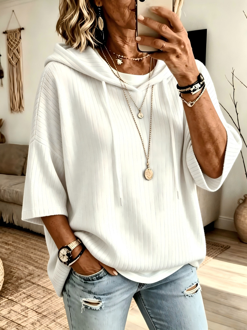 Cozy Ribbed Knit Drop Shoulder Hoodie Solid Color Casual Pullover Sweatshirt