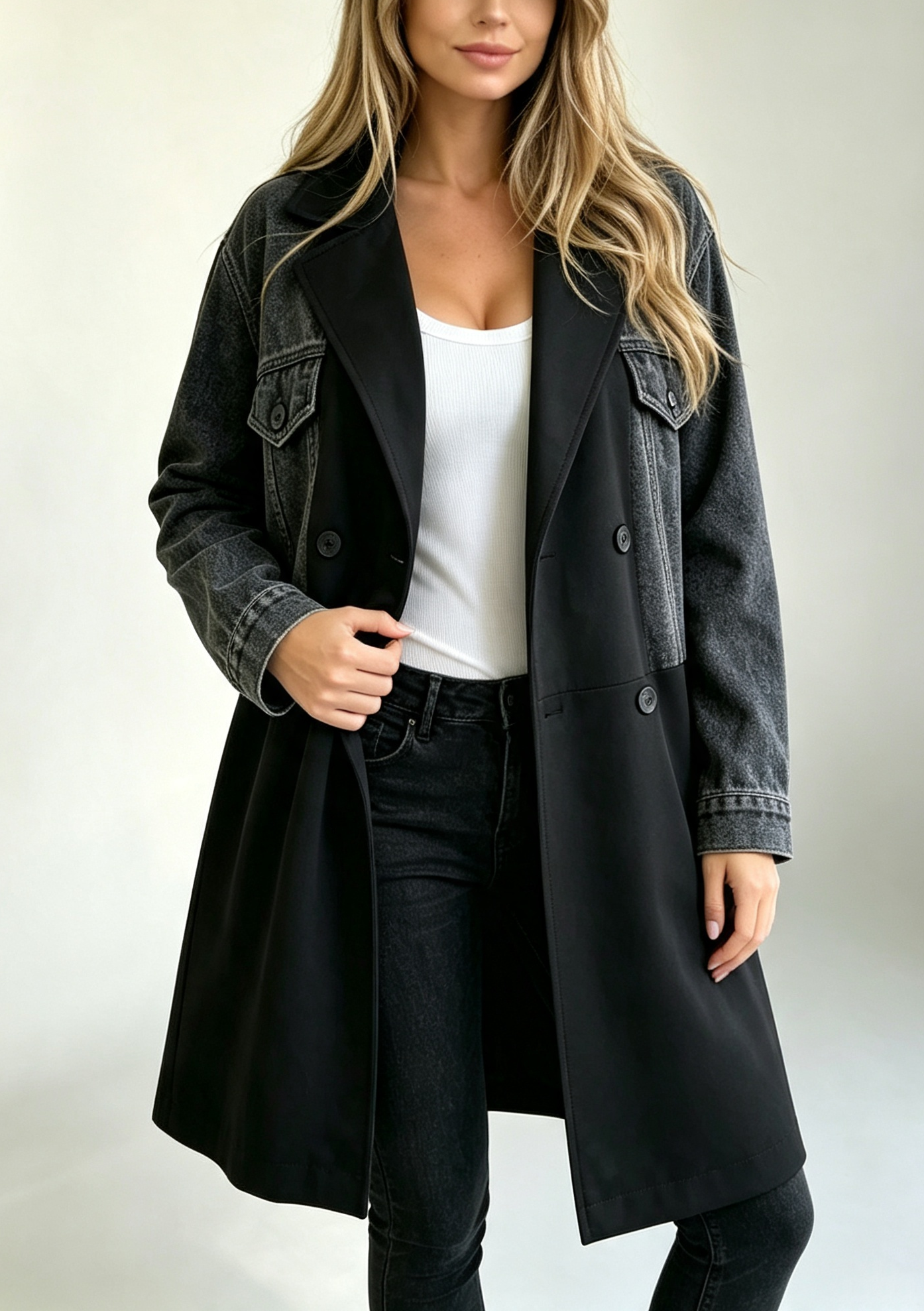 Women's Casual Chic Color Block Denim Patchwork Lapel Collar Long Sleeve Midi Trench Coat