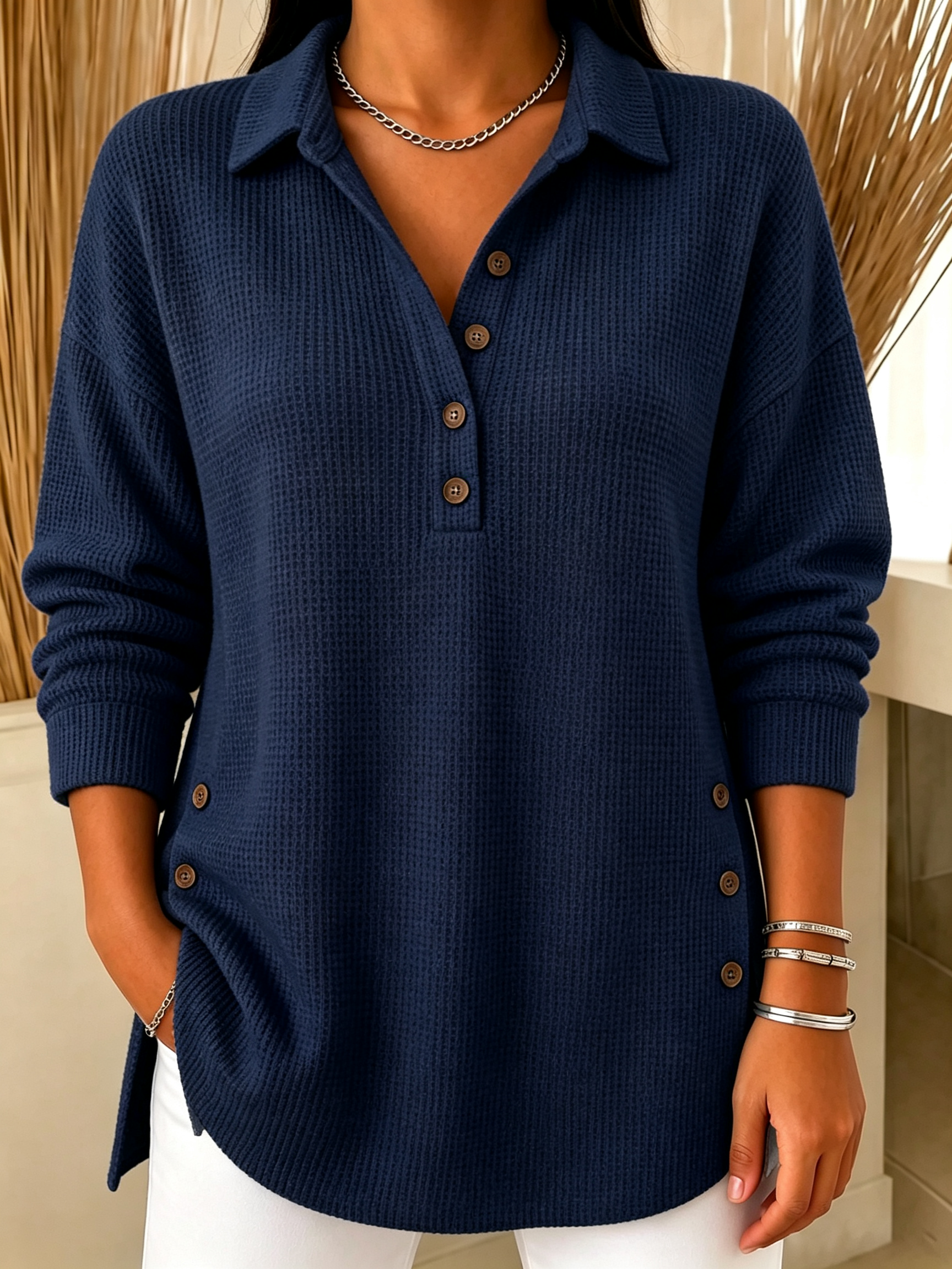 Chic Long Sleeve Waffle Knit Polo Sweater Casual Loose Henley Shirt