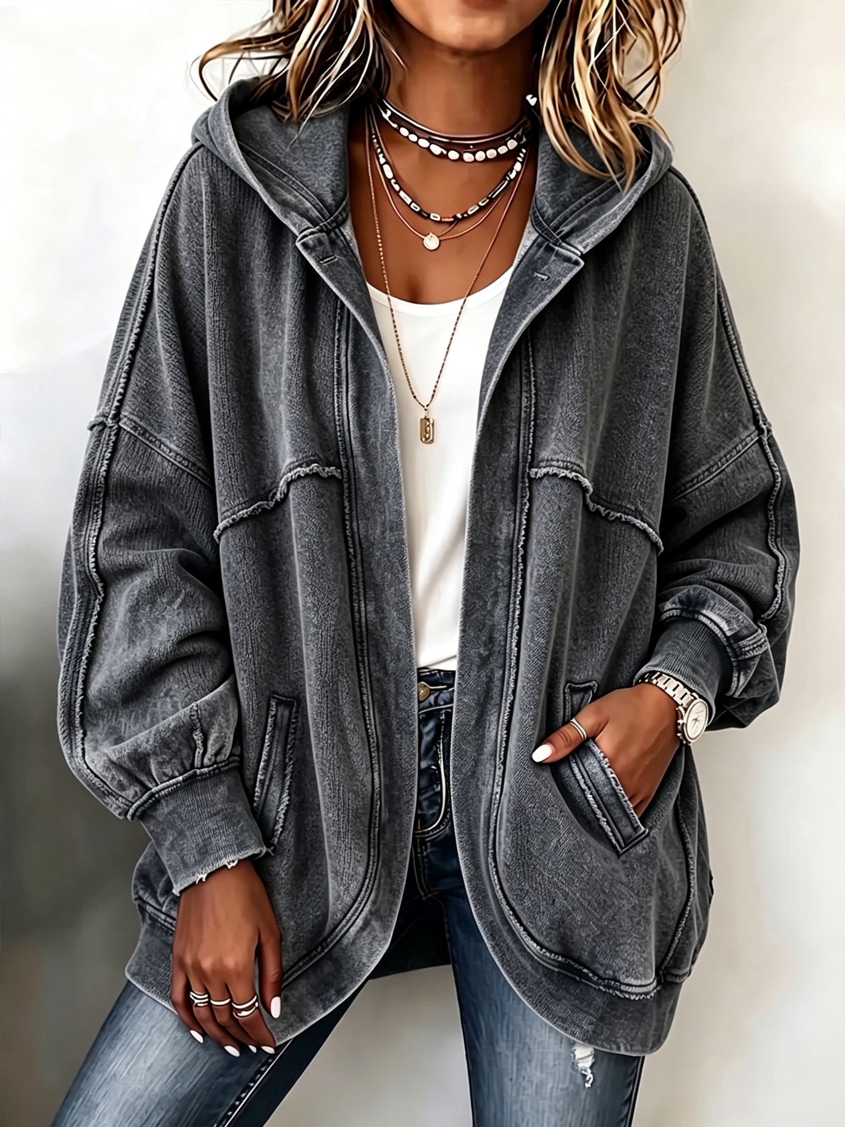 Cozy Vintage-Washed Hooded Sweatshirt Jacket