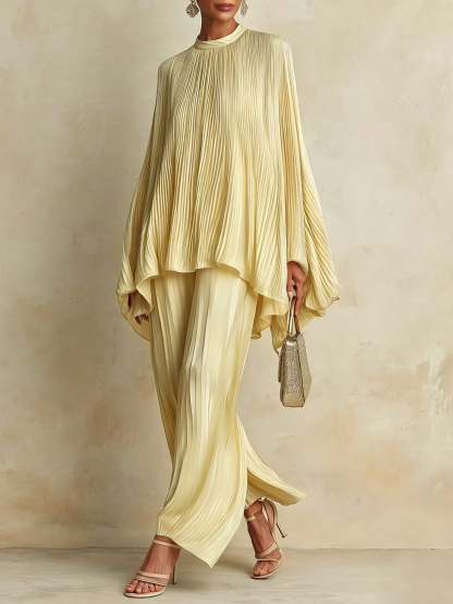 Classic Pleated Batwing-Sleeve Blouse & Wide-Leg Pants Set