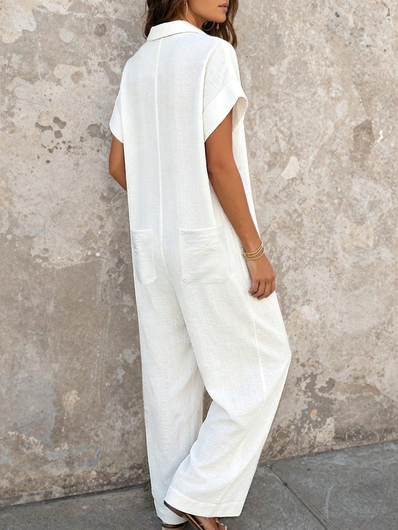 Women's Casual Loose Short Sleeve Button Jumpsuit