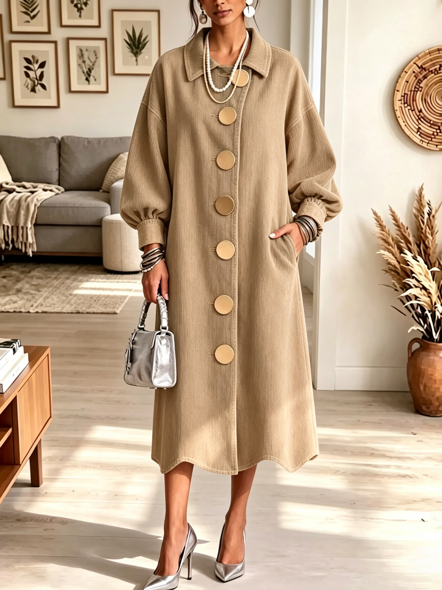 Women's Oversized Gold Button Long Coat Dress