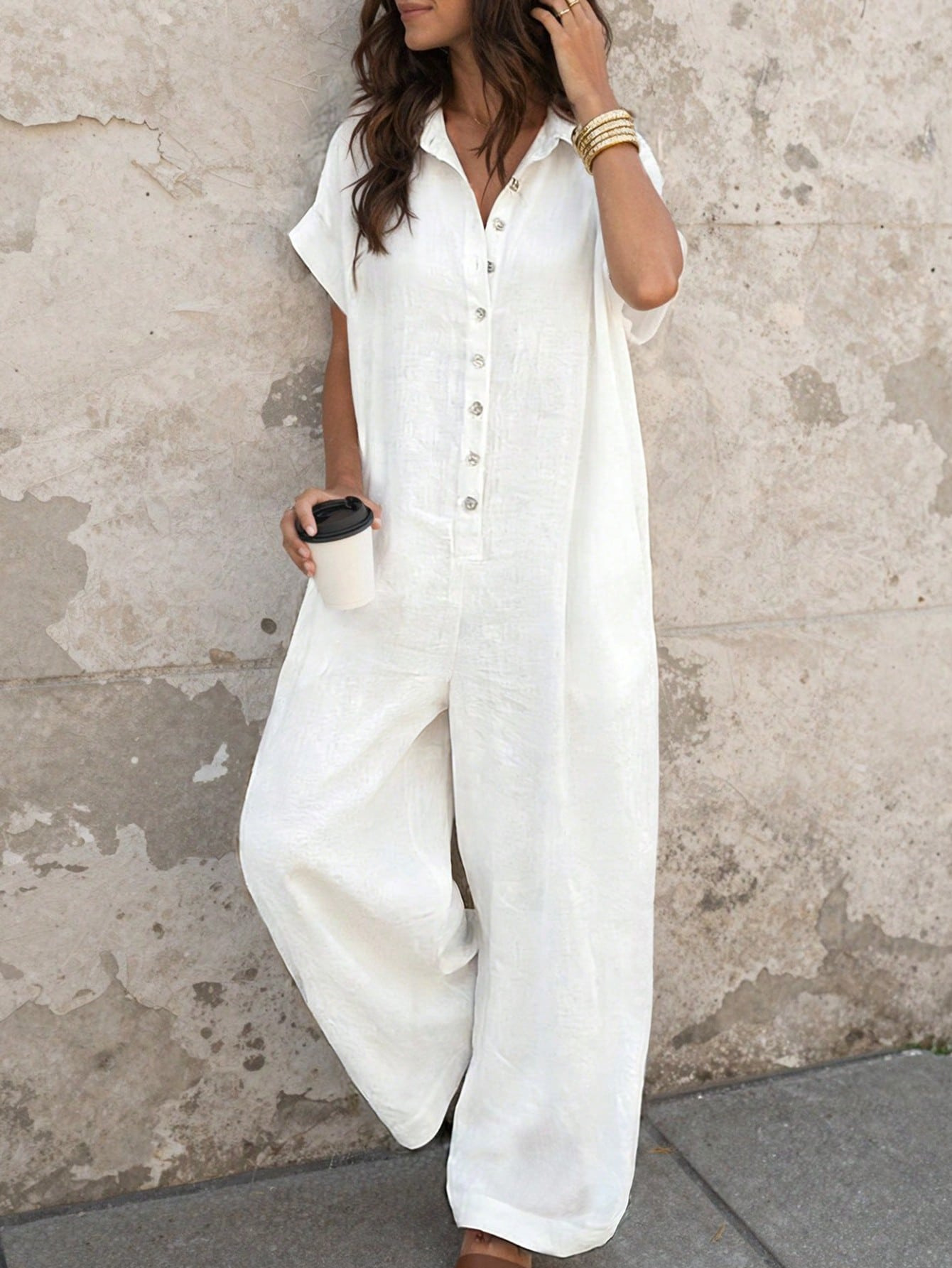Women's Casual Loose Short Sleeve Button Jumpsuit