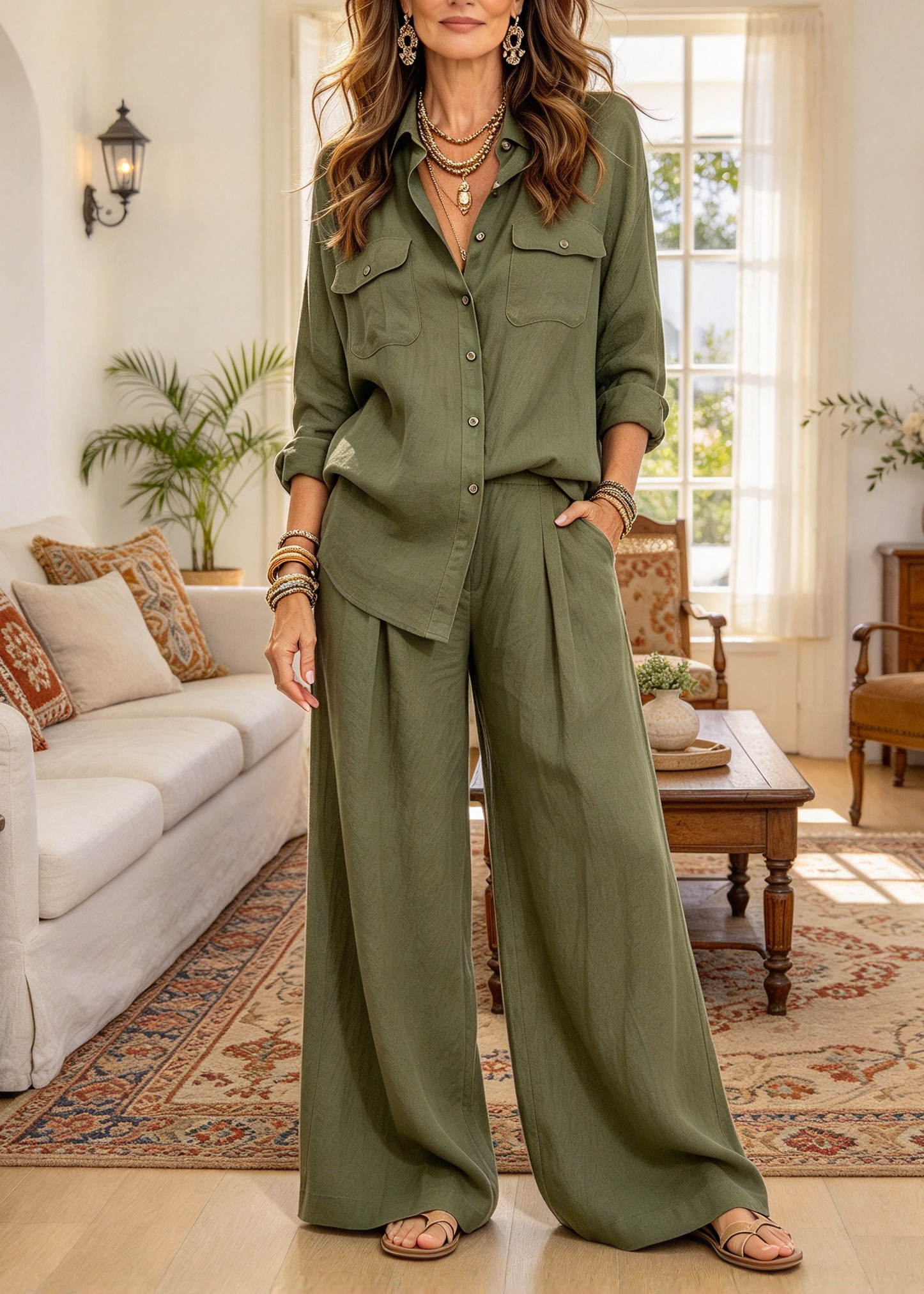 Effortless Linen Blend Resort Set - Casual Button-Up Shirt & Flowy Wide-Leg Pants 2-Piece Co-Ord
