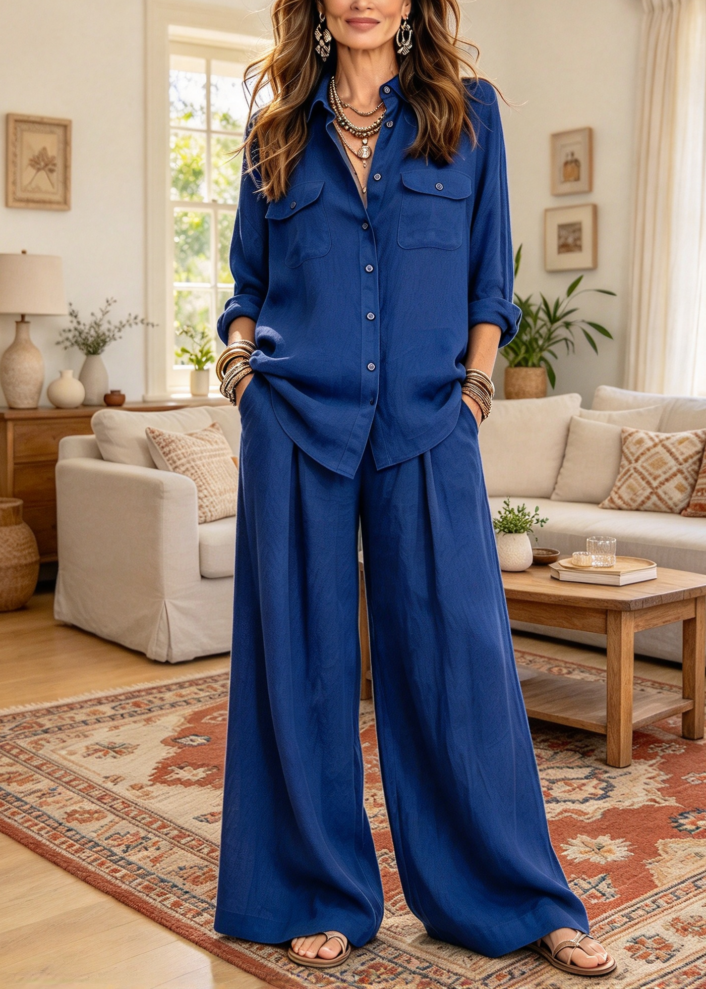 Effortless Linen Blend Resort Set - Casual Button-Up Shirt & Flowy Wide-Leg Pants 2-Piece Co-Ord