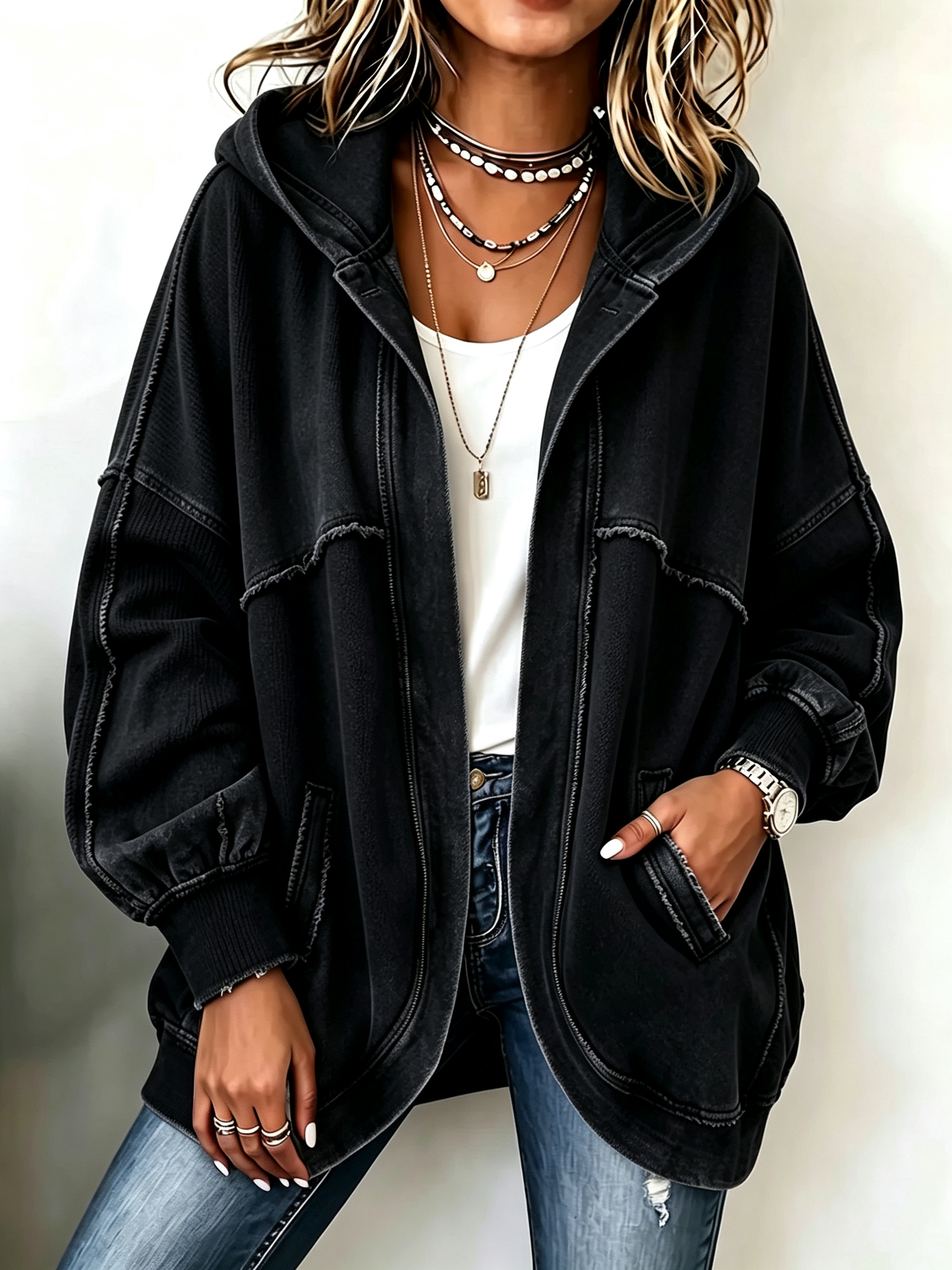 Cozy Vintage-Washed Hooded Sweatshirt Jacket