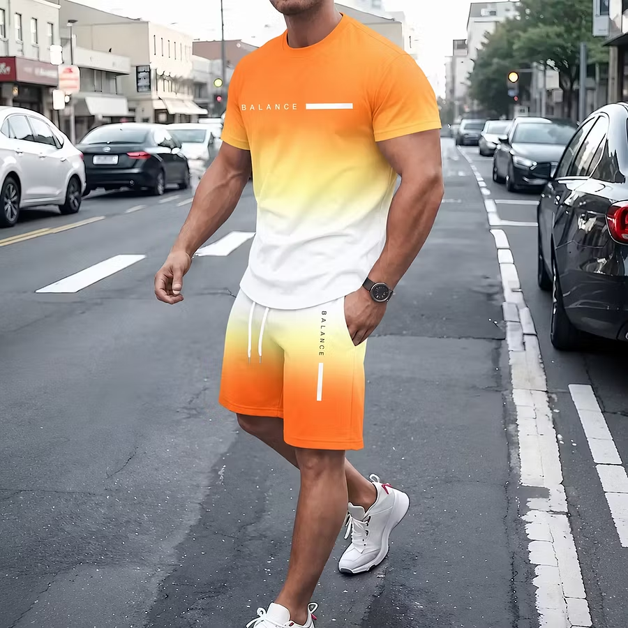 Men's Summer Regular-Fit Pure Cotton Short-Sleeve T-Shirt & Shorts Set — "BLANCE" Letter Print Edition