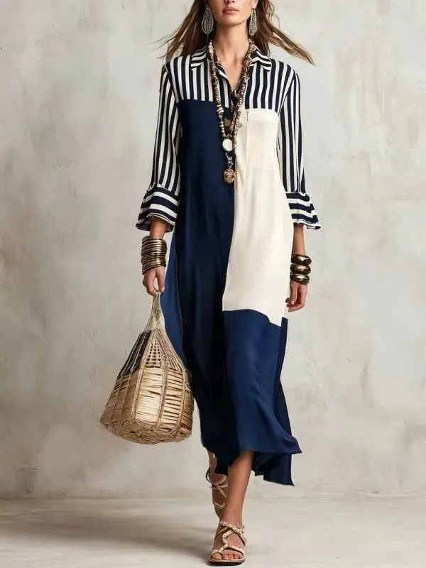 Striped Split-Joint Contrast Color Three-quarter Sleeves Ruffle Sleeves Lapel Midi Dresses