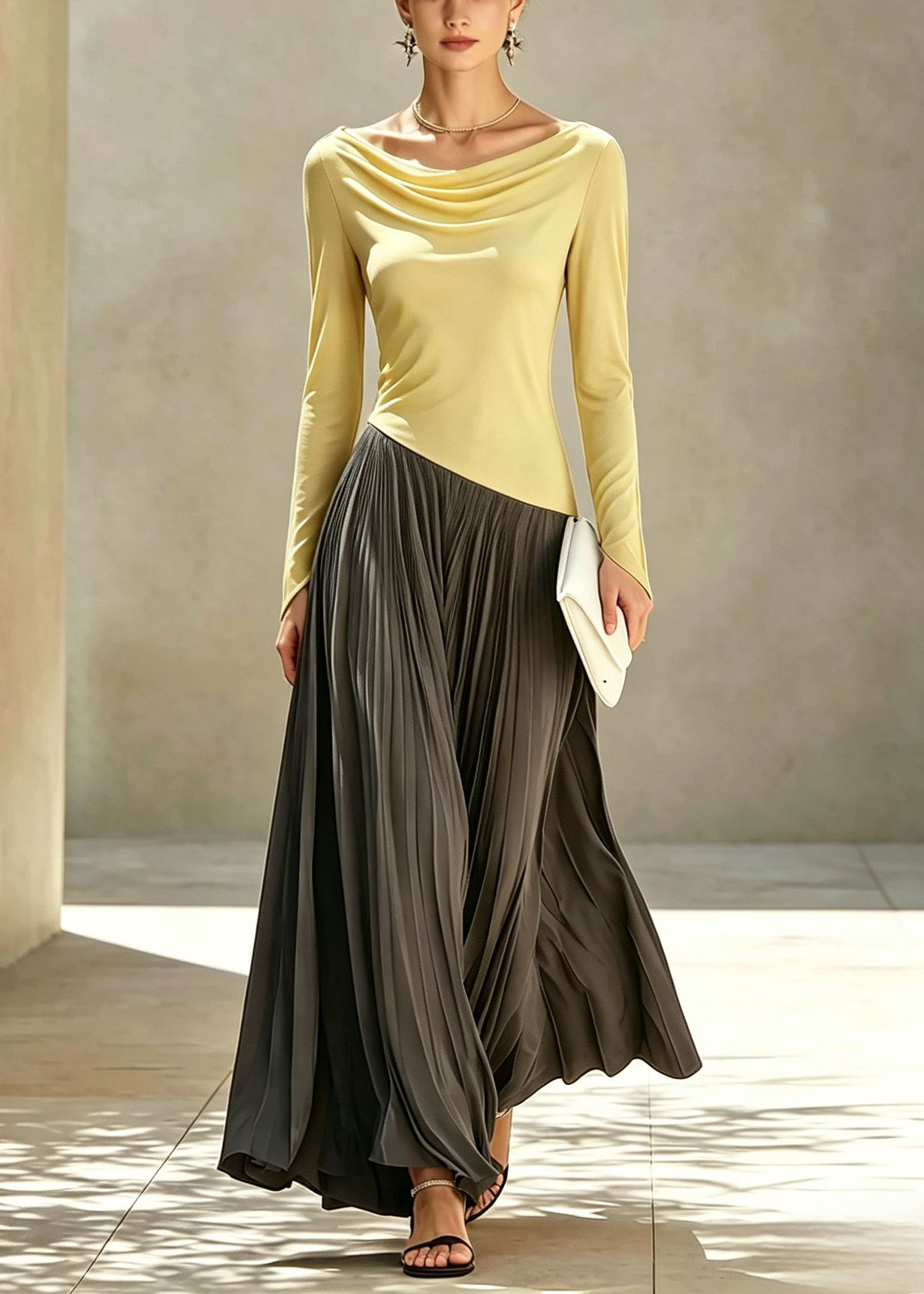 Women's Long-sleeved Casual Loose-fitting Color-blocked Dress With A Ruffled Neckline