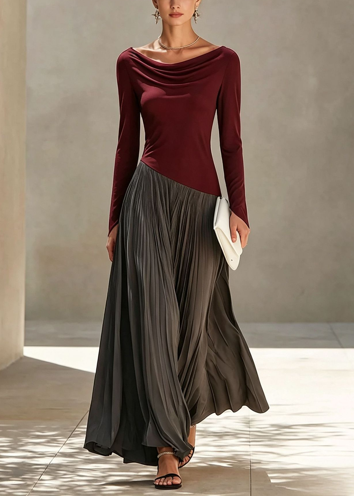 Women's Long-sleeved Casual Loose-fitting Color-blocked Dress With A Ruffled Neckline