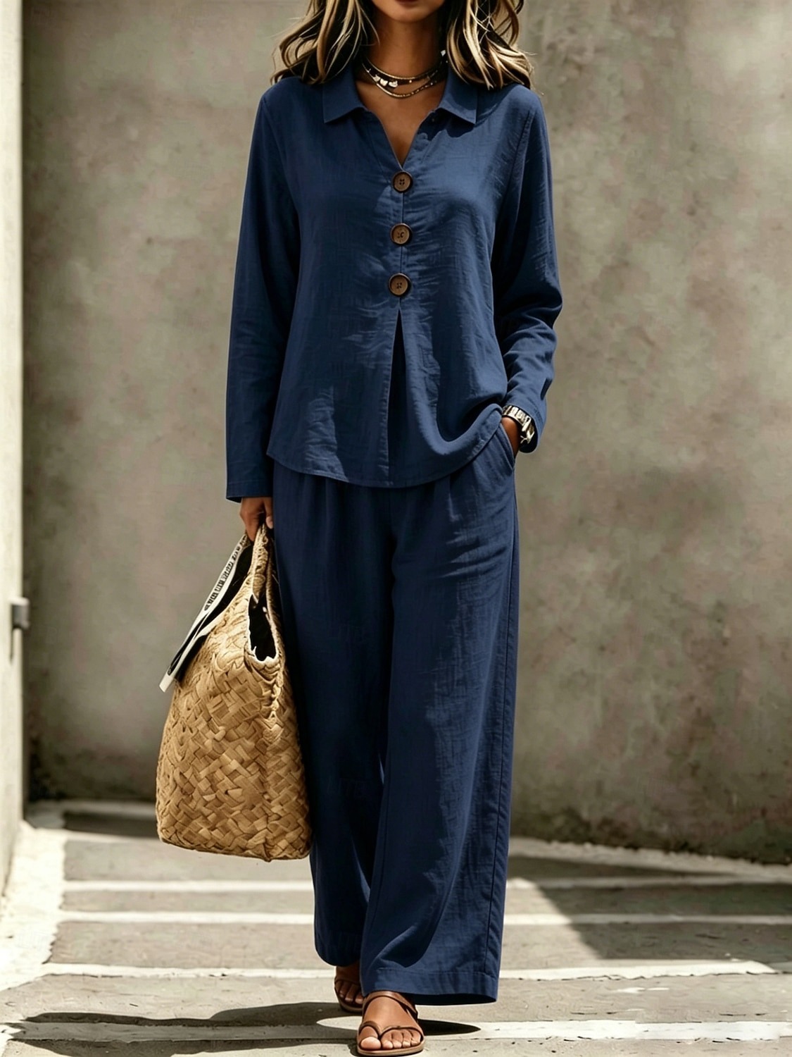 Casual Loose Fit Collared Long Sleeve Blouse Trouser Set 2PCS