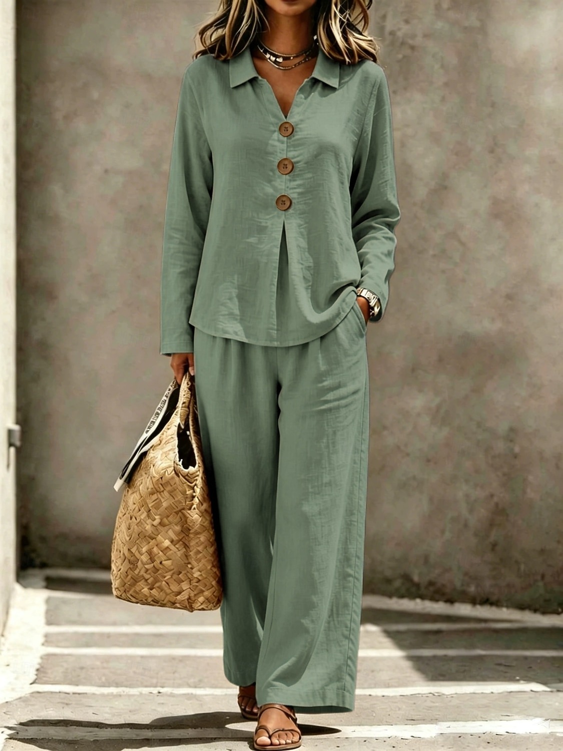 Casual Loose Fit Collared Long Sleeve Blouse Trouser Set 2PCS