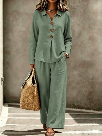 Casual Loose Fit Collared Long Sleeve Blouse Trouser Set 2PCS