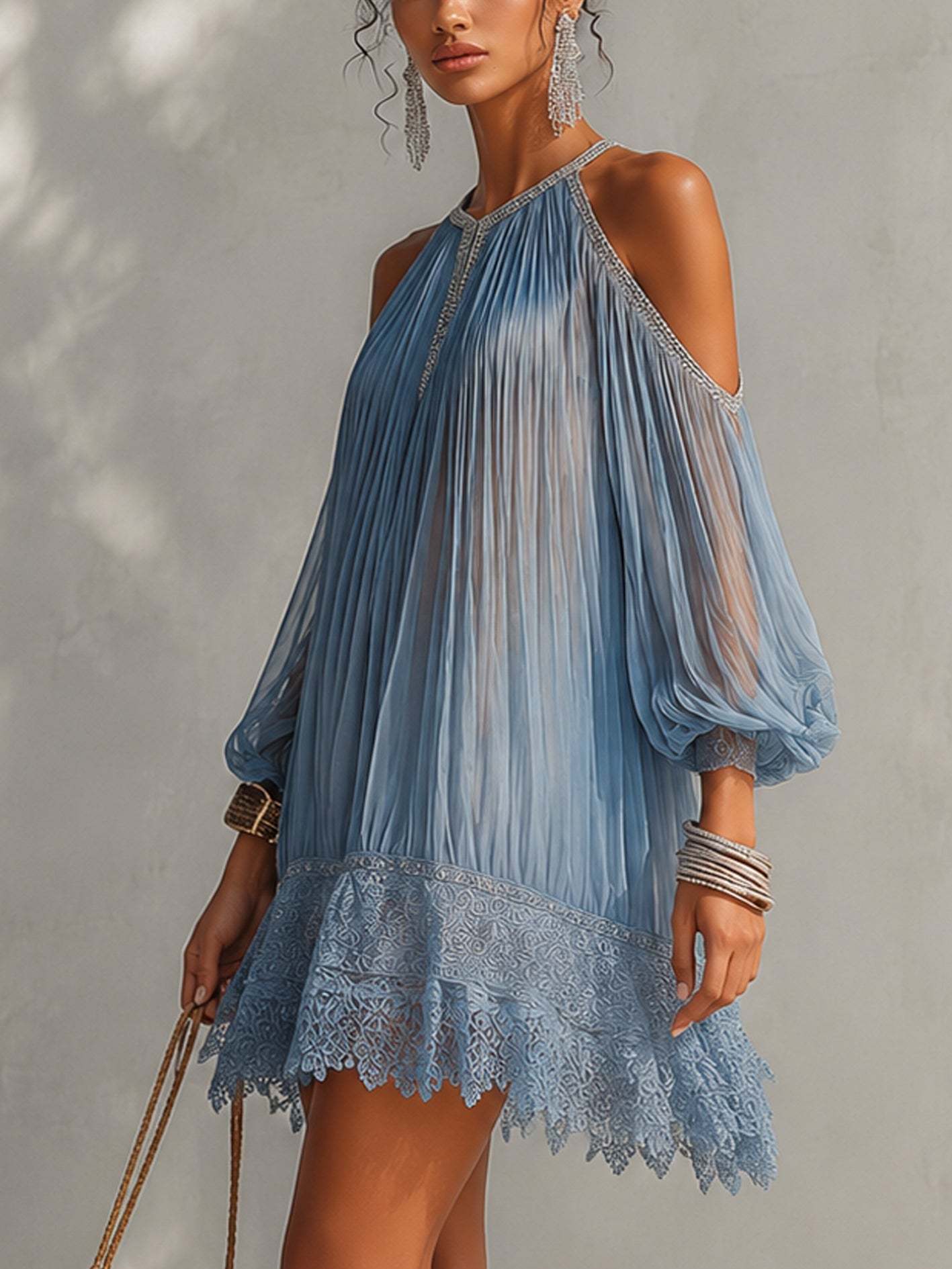 Blue Off-Shoulder Ruched Mini Dress with Lace Hem